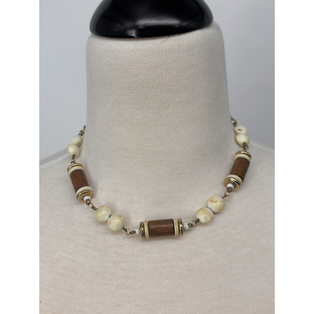 Vintage Wood & Stone Bead Necklace Brown Cream Gold Tone Chain Boho Natural
